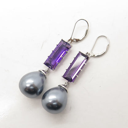 925 Sterling Silver Real Amethyst Gemstone & Faux Gray Pearl Dangling Earrings