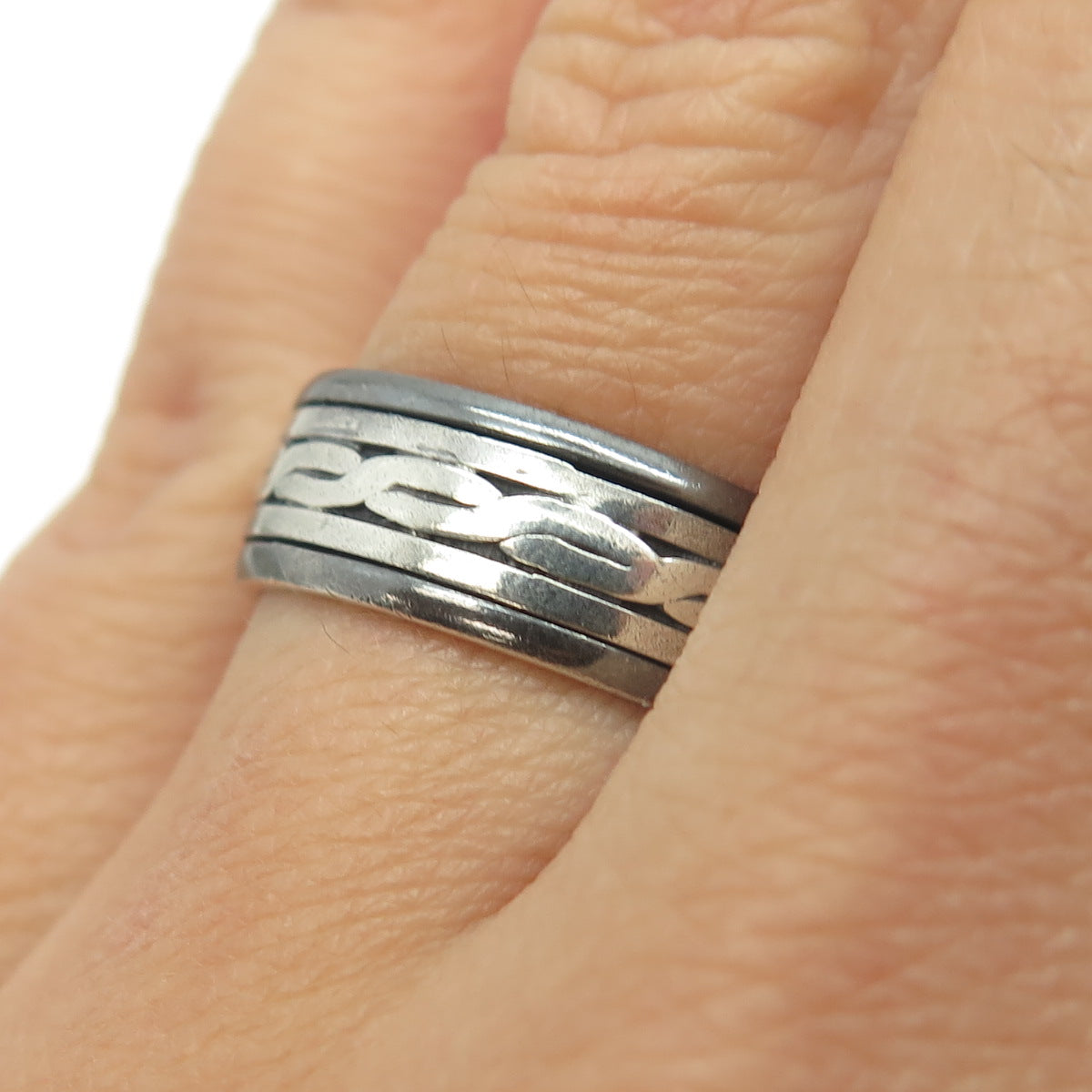 925 Sterling Silver Vintage Woven Chain Rotating Band Ring Size 8