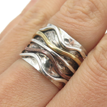 925 Sterling Silver 3-Tone Vintage Modernist Wavy Ring Size 8.5