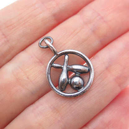 925 Sterling Silver Vintage Bowling Club Oxidized Minimalist Charm Pendant