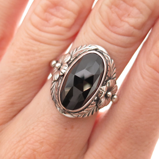 925 Sterling Silver Vintage Real Black Onyx Floral Oxidized Ring Size 6.25