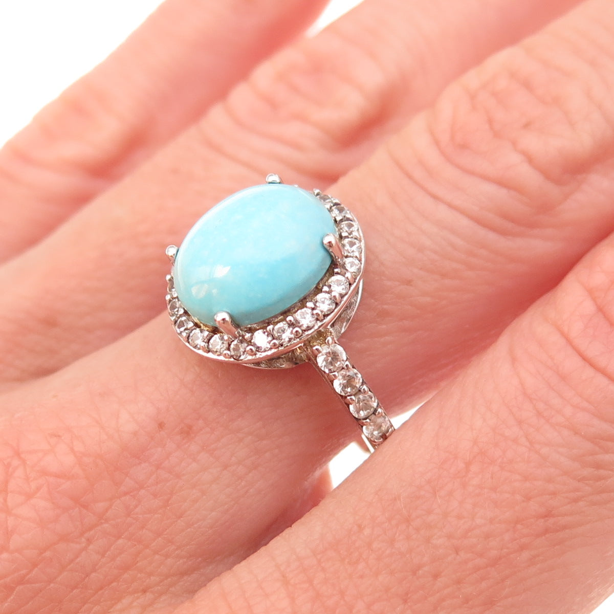 925 Sterling Silver Real Tyrone Turquoise & White Topaz Ring Size 8
