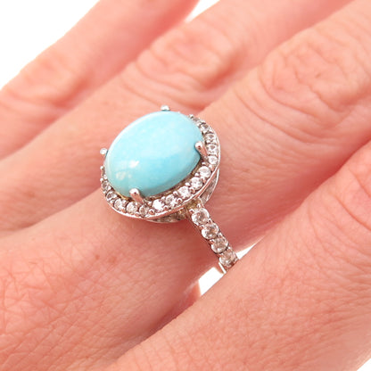 925 Sterling Silver Real Tyrone Turquoise & White Topaz Ring Size 8