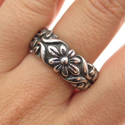 925 Sterling Silver Vintage Flower Oxidized Band Ring Size 8.25
