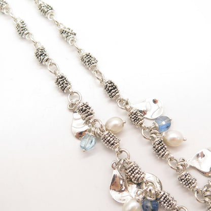 925 Sterling Silver Vintage M. Dawkins Real Pearl & Topaz Gem Chain Necklace 20"