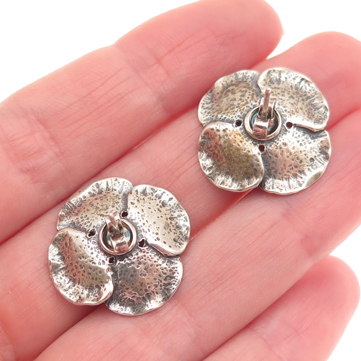 925 Sterling Silver Vintage Real Amber Modernist Flower Oxidized Earrings