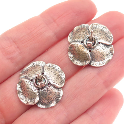 925 Sterling Silver Vintage Real Amber Modernist Flower Oxidized Earrings