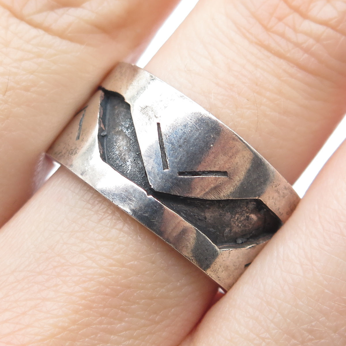 925 Sterling Silver Vintage Mexico Zig Zag Oxidized Band Ring Size 10.25