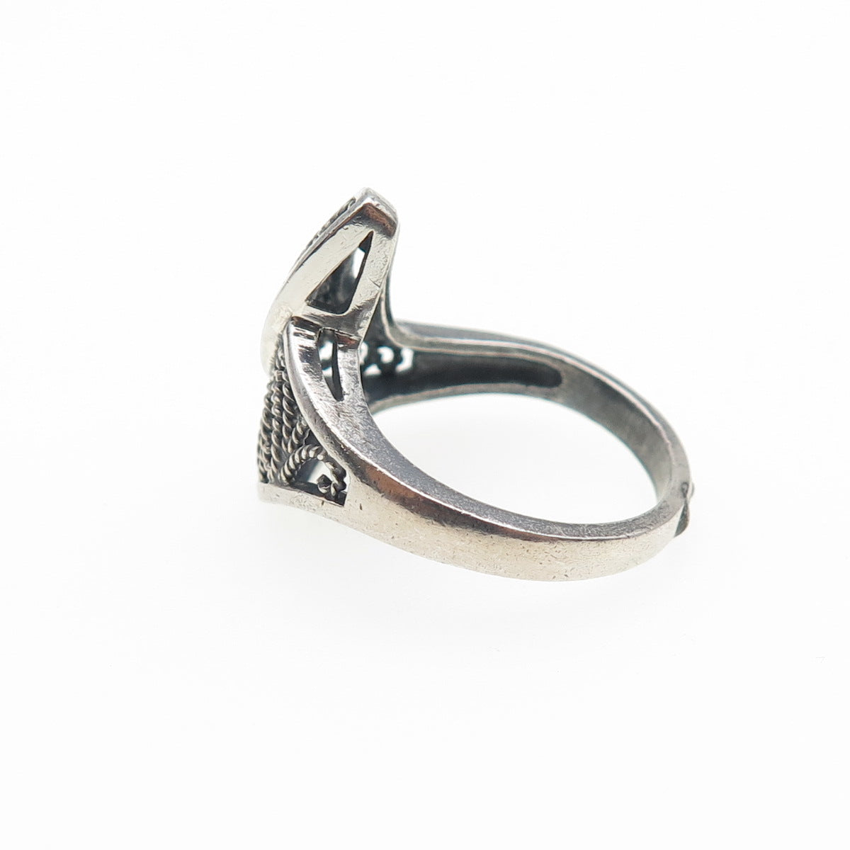 925 Sterling Silver Vintage Modernist Filigree Oxidized Ring Size 7
