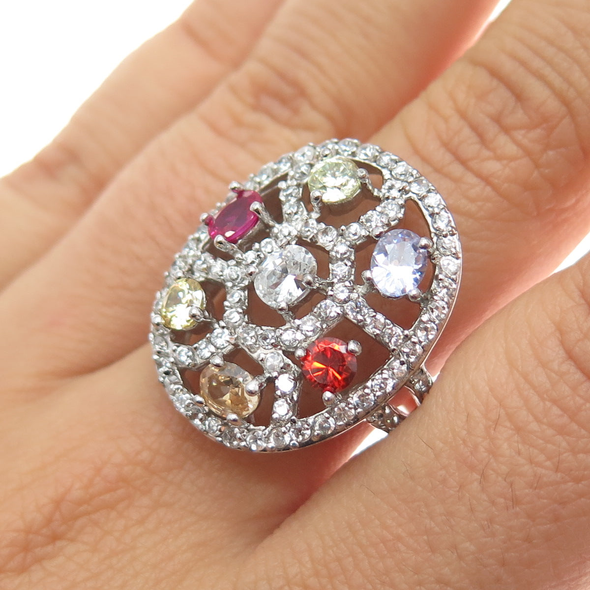 925 Sterling Silver Multi-Color C Z Cluster Ring Size 9.5