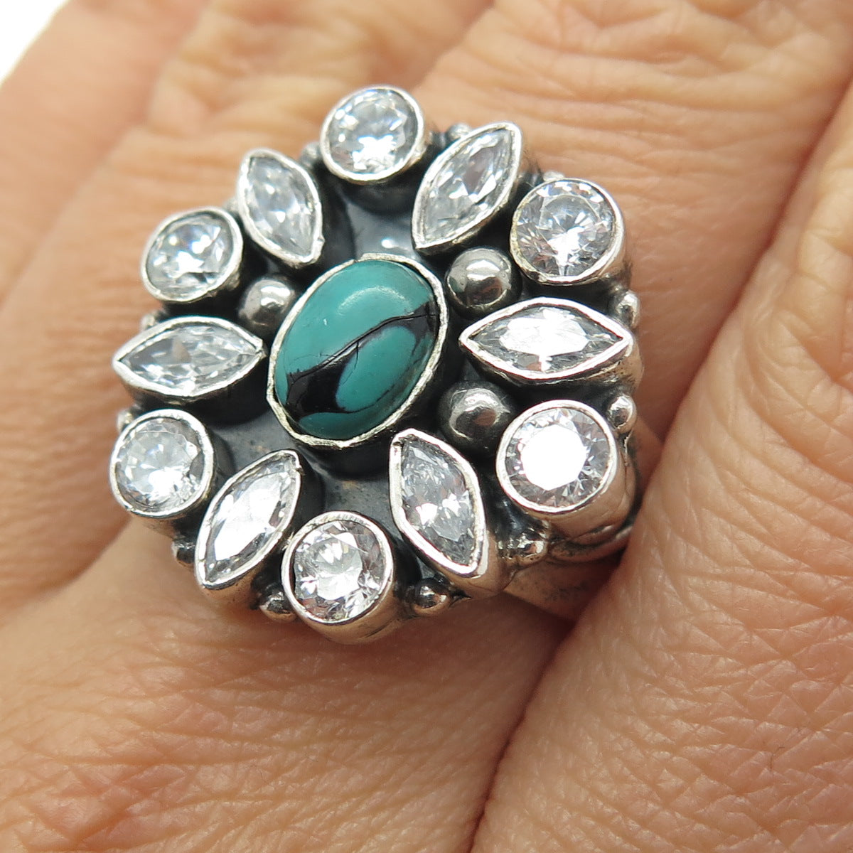 925 Sterling Silver Vintage Real Turquoise Gemstone & C Z Ring Size 8