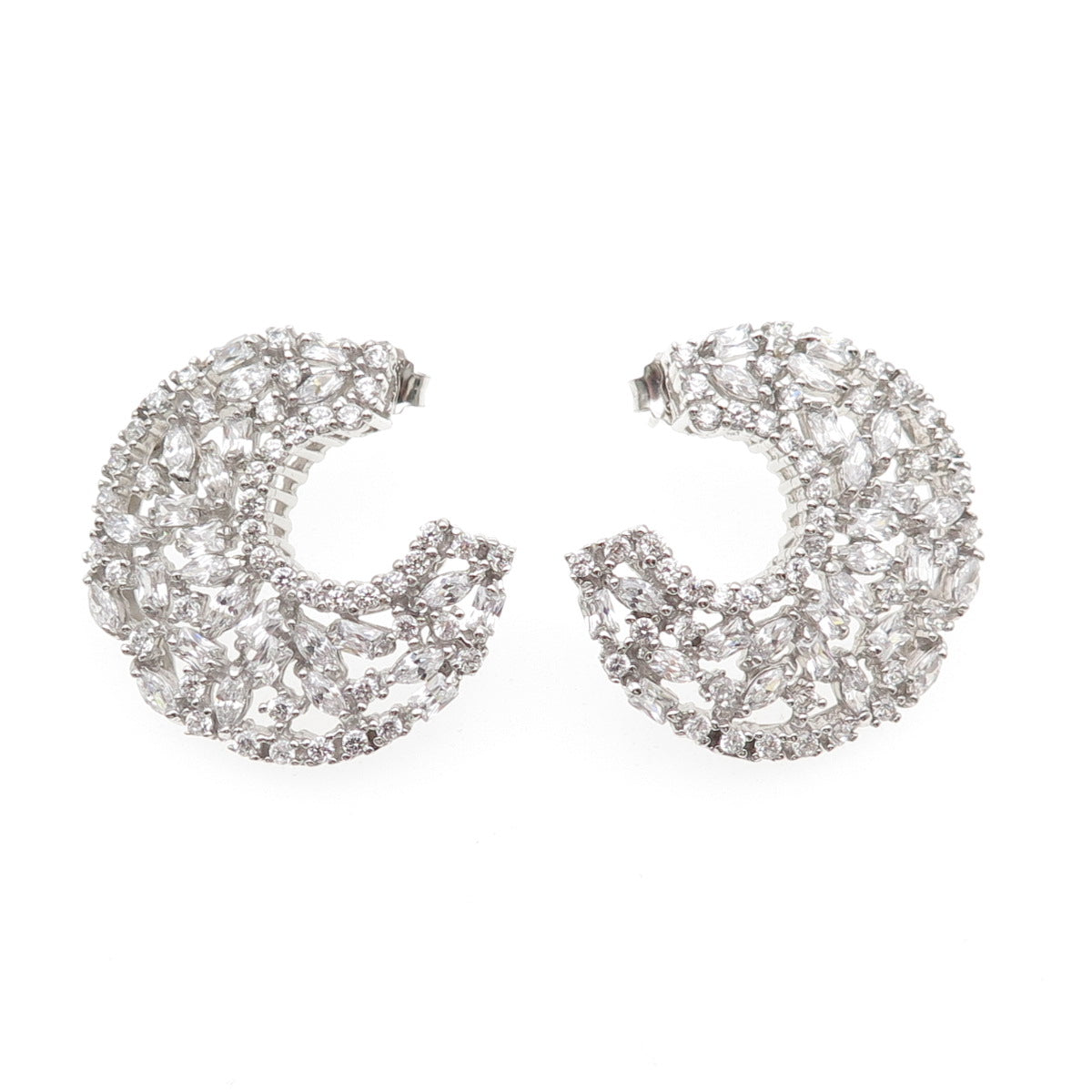 925 Sterling Silver Marquise Round & Radiant-Cut C Z Crescent Earrings