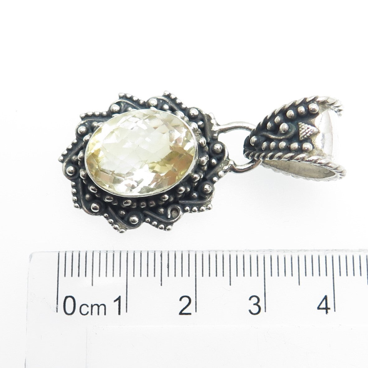 925 Sterling Silver Vintage Real Oval-Cut Citrine Floral Oxidized Pendant
