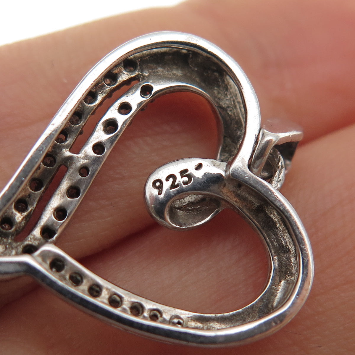 925 Sterling Silver Real Round-Cut Diamond Heart Charm Pendant