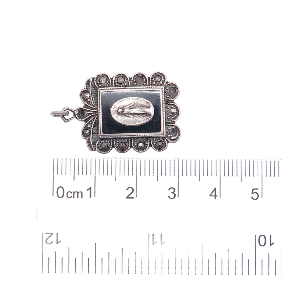 925 Sterling Silver Antique Onyx & Marcasite St. Mary Pendant (missing 4 stones)