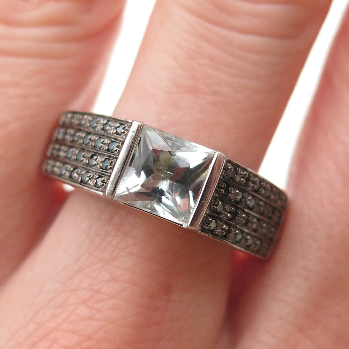 925 Sterling Silver Real Blue Diamond & Princess-Cut Aquamarine Ring Size 11