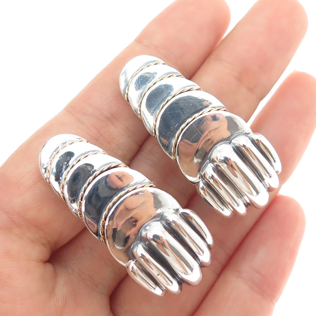 925 Sterling Silver & 14K Gold Vintage DND Artisan Modernist Clip On Earrings