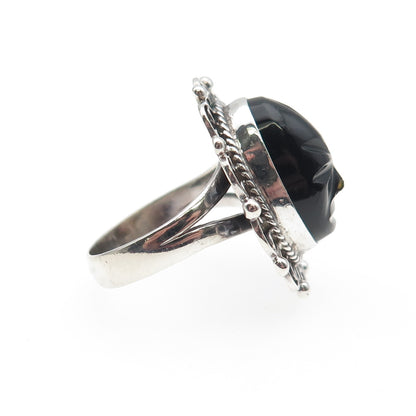 925 Sterling Silver Vintage Mexico Real Black Onyx Aztec God Ring Size 7.5