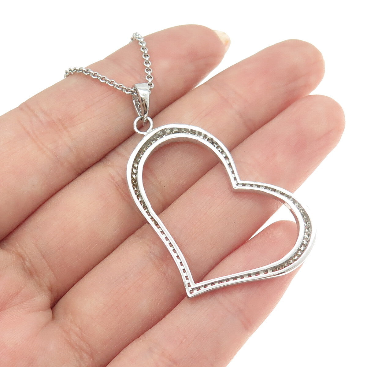 925 Sterling Silver Italy Round-Cut C Z Heart Rolo Chain Necklace 18"