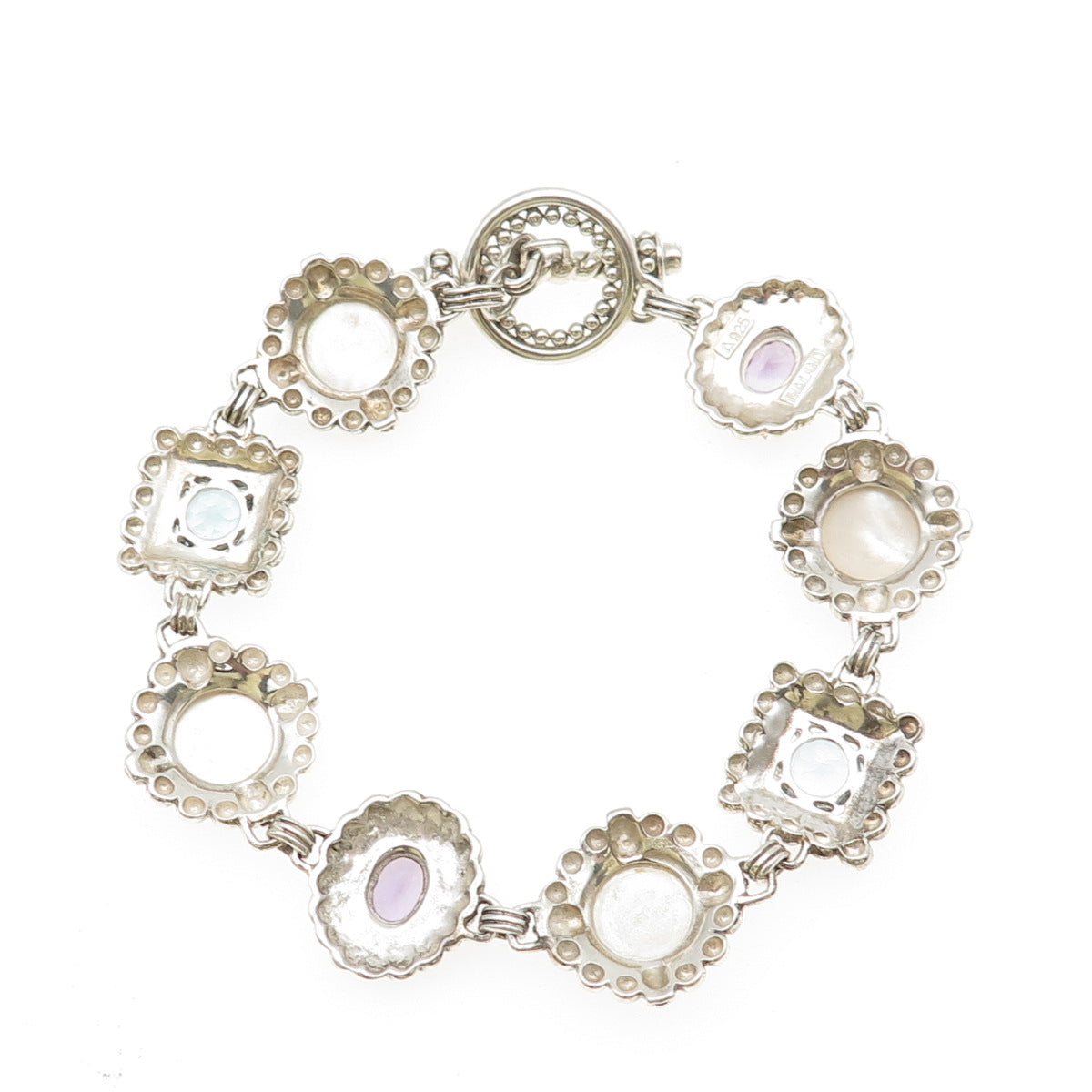 925 Sterling Silver Vintage Real MOP Amethyst & Blue Topaz Bracelet 7.75"