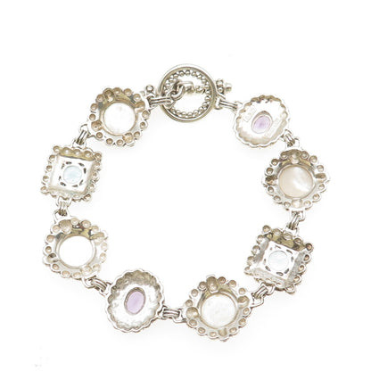 925 Sterling Silver Vintage Real MOP Amethyst & Blue Topaz Bracelet 7.75"