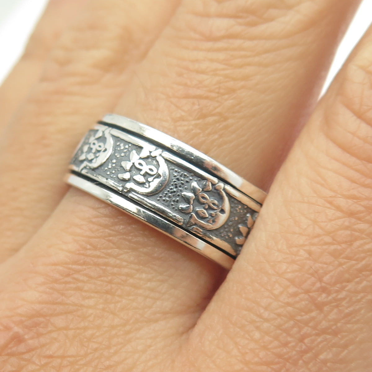 950 Silver Vintage Crescent Moon & Sun Rotating Band Ring Size 11.25