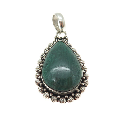 925 Sterling Silver Vintage Real Malachite Gemstone Ethnic Teardrop Pendant