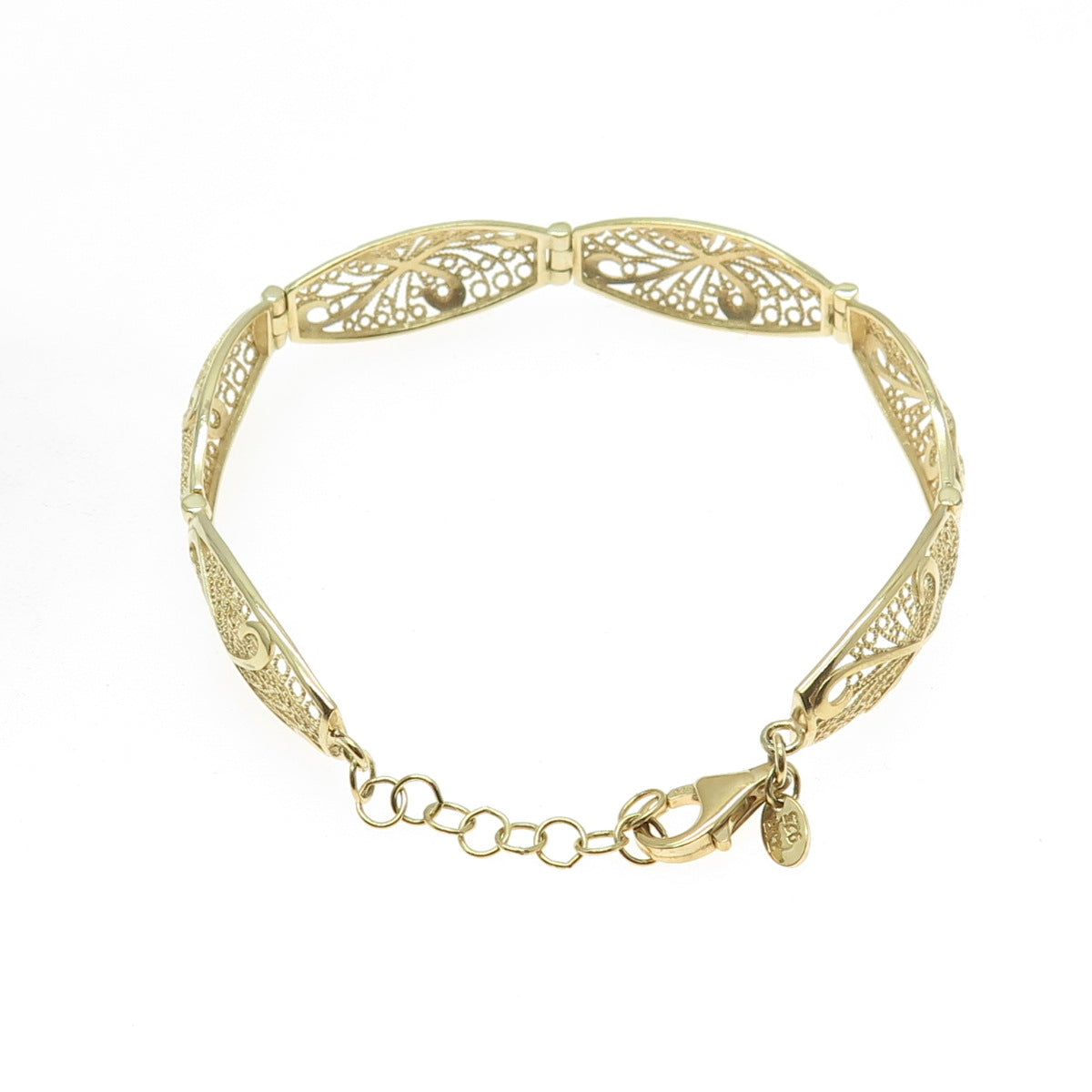 925 Sterling Silver Gold Plated Filigree Panel Link Bracelet 8"