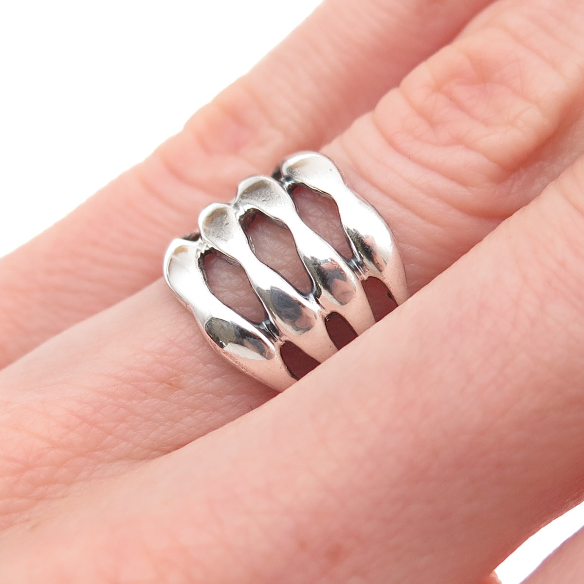 925 Sterling Silver Vintage Modernist 4-Row Oxidized Ring Size 6