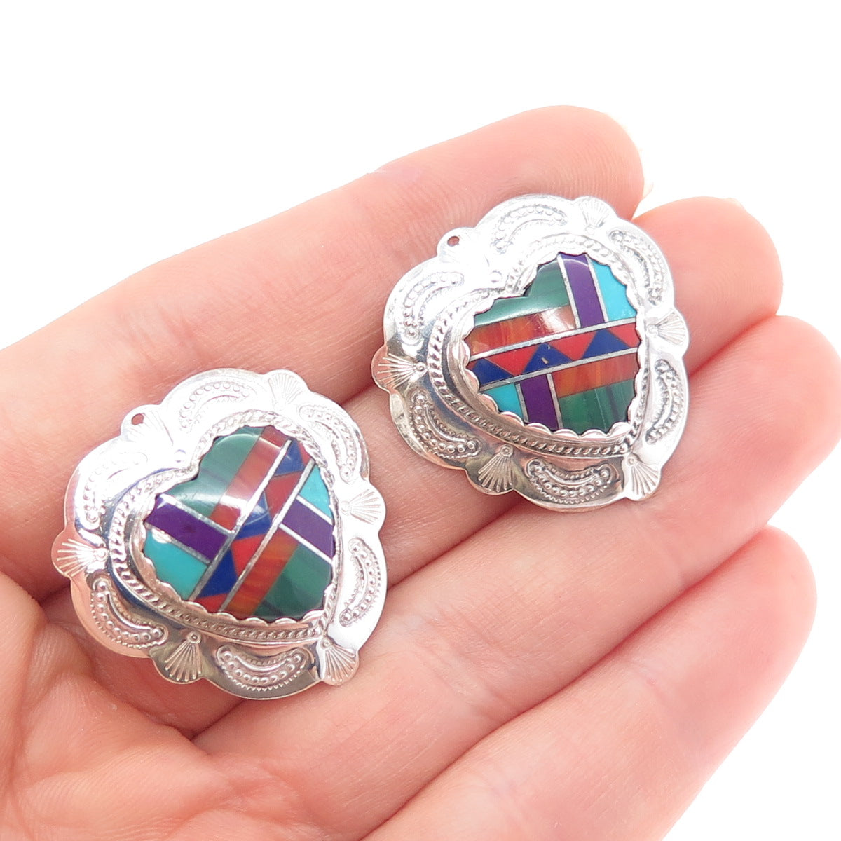 Old Pawn Sterling Silver Turquoise Coral Lapis Sugilite Malachite Heart Earrings