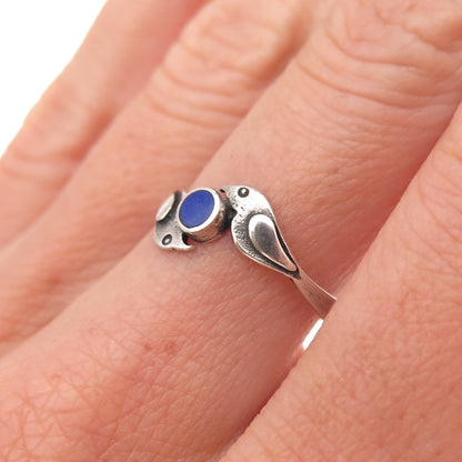 925 Sterling Silver Vintage Real Lapis Two Birds Oxidized Ring Size 7.25