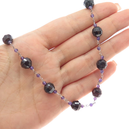 925 Sterling Silver Vintage Real Red Garnet & Amethyst Beaded Chain Necklace 16"