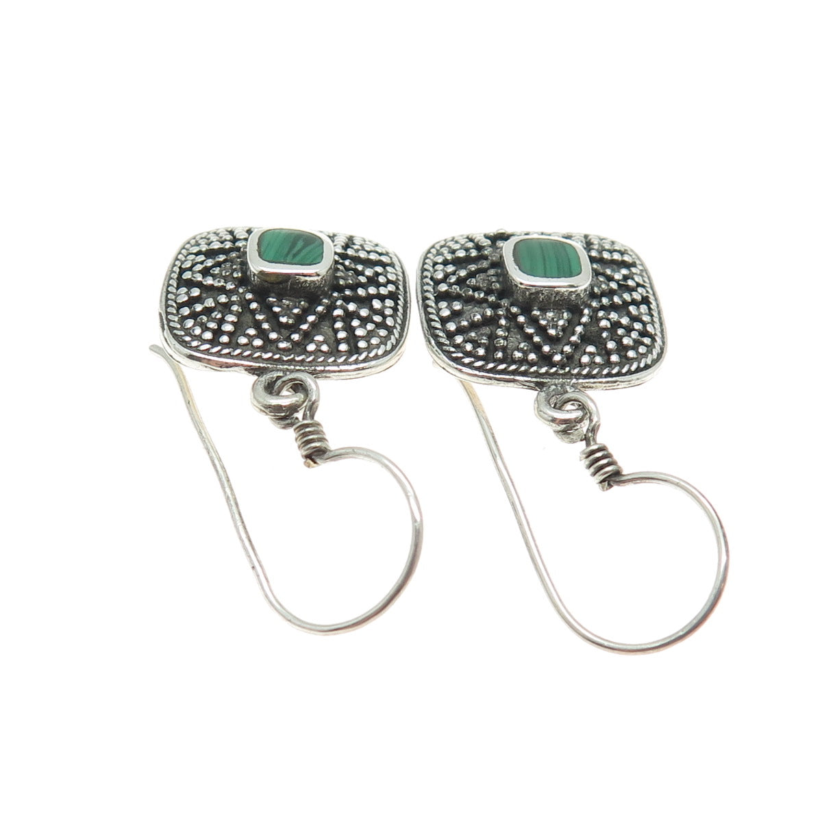 925 Sterling Silver Vintage Real Malachite Granulated Oxidized Dangle Earrings