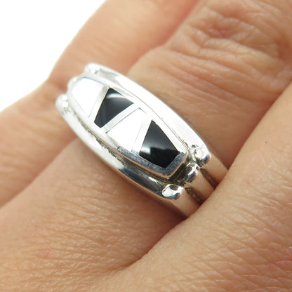 925 Sterling Silver Vintage Mother-of-Pearl & Black Onyx Gemstone Ring Size 6