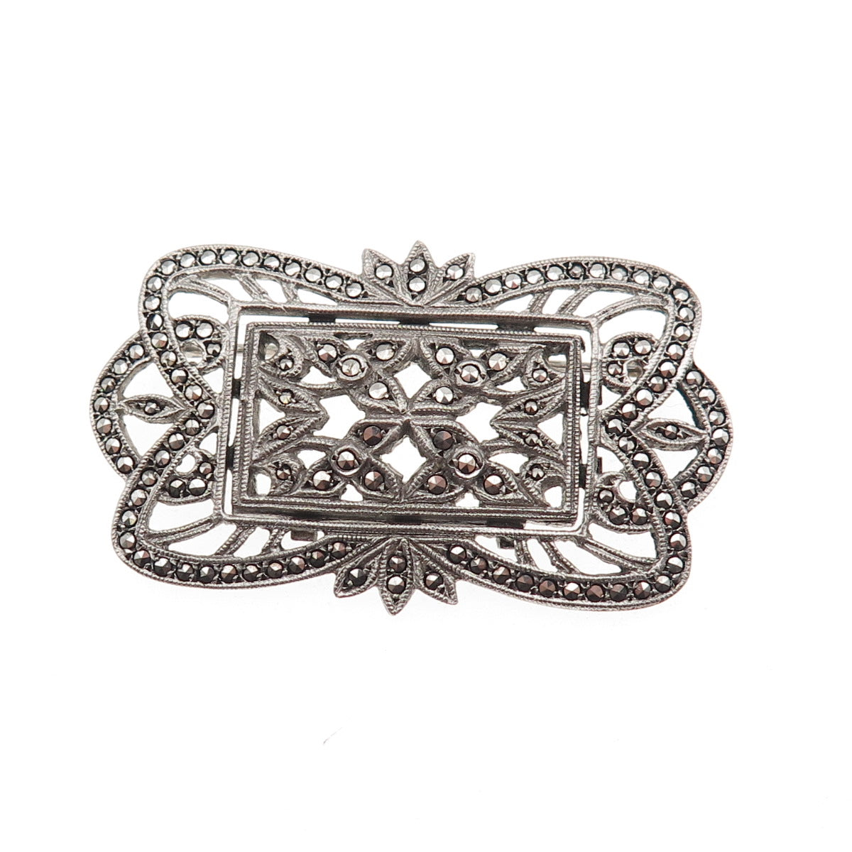925 Sterling Silver Antique Art Deco Real Marcasite Floral Oxidized Pin Brooch