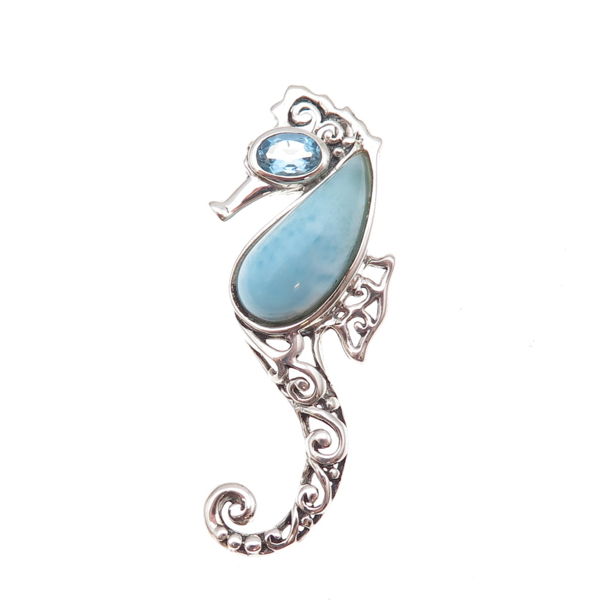 Collins Sterling Silver Vintage Real Blue Topaz & Larimar Seahorse Slide Pendant