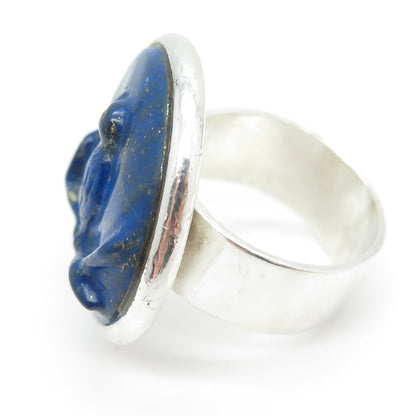 970 Silver Vintage Real Carved Lapis Lazuli Bird Cameo Statement Ring Size 10.25