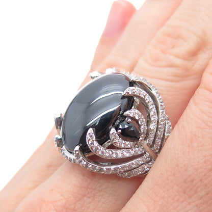 925 Sterling Silver Real Hematite & C Z Floral Ring Size 7.25