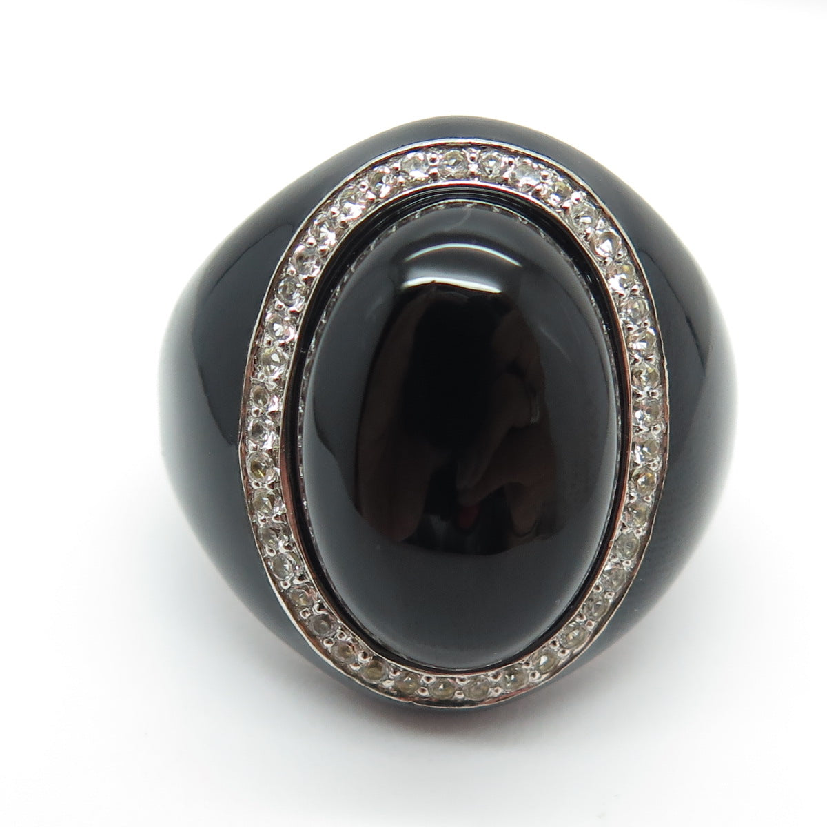 925 Sterling Silver Enamel Real Black Onyx & White Topaz Ring Size 7.25
