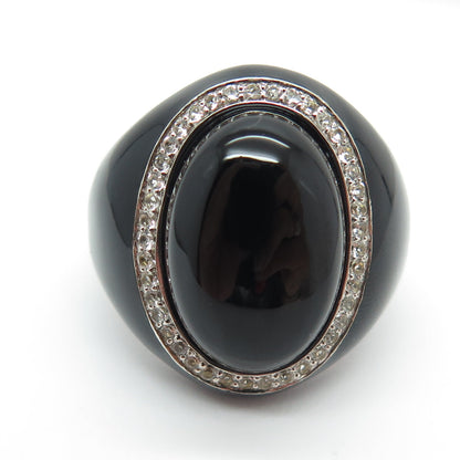 925 Sterling Silver Enamel Real Black Onyx & White Topaz Ring Size 7.25
