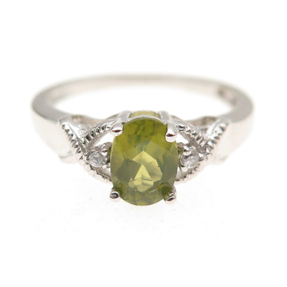 925 Sterling Silver Vintage Real Oval-Cut Peridot & C Z Ring Size 7