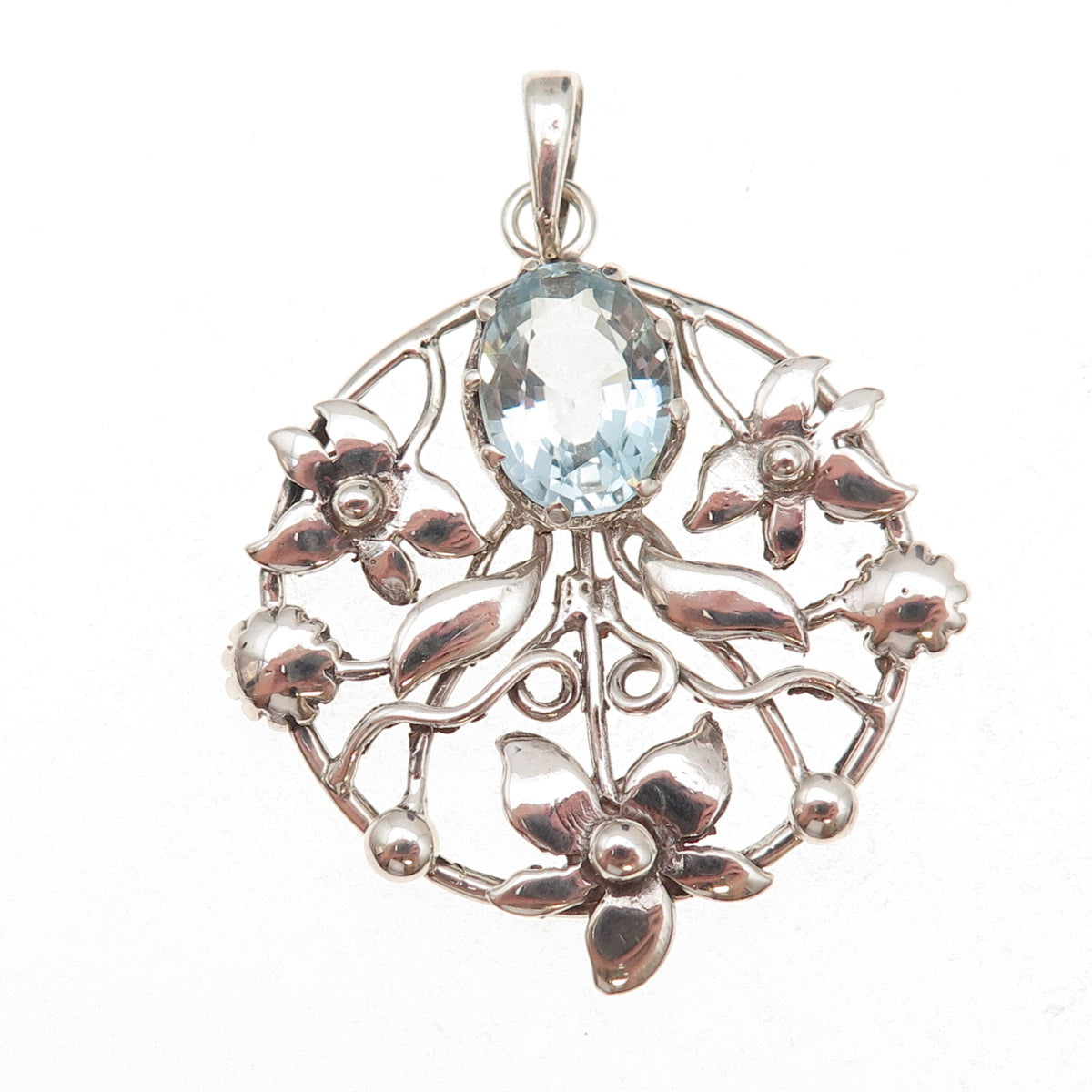 925 Sterling Silver Vintage Real Blue Topaz Floral Oxidized Charm Pendant