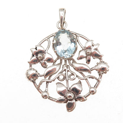 925 Sterling Silver Vintage Real Blue Topaz Floral Oxidized Charm Pendant