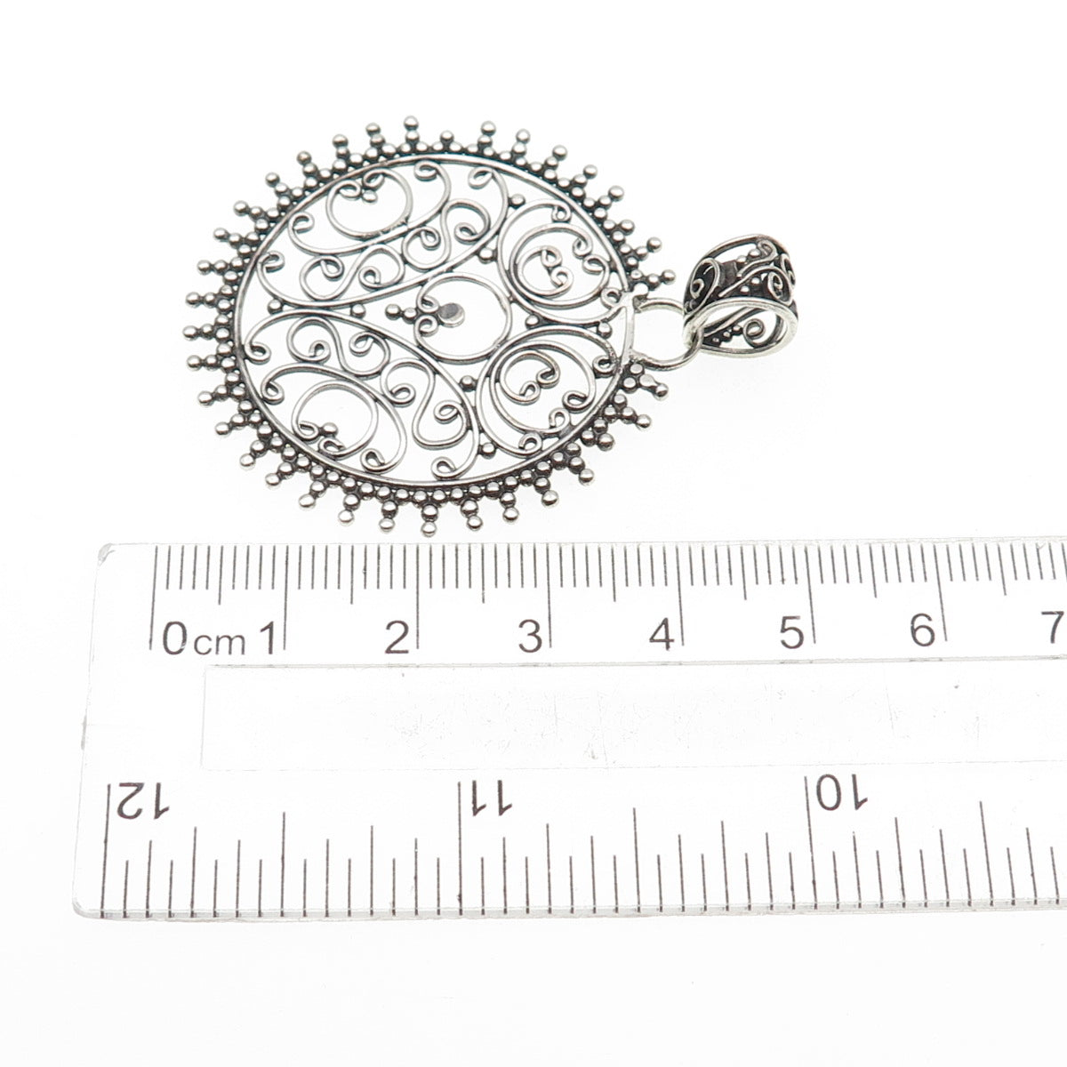 925 Sterling Silver Vintage Ornate Swirl Granulated Oxidized Pendant