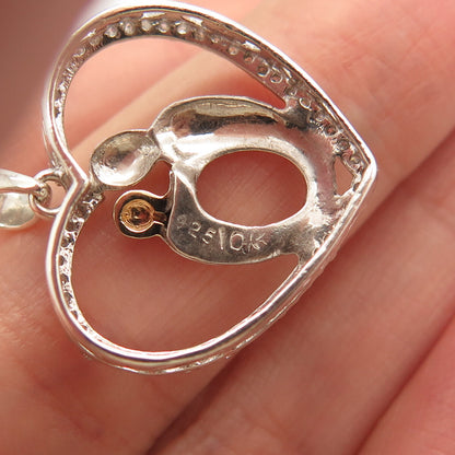 925 Sterling Silver / 10K Gold Real Diamond Mother & Baby Heart Pendant