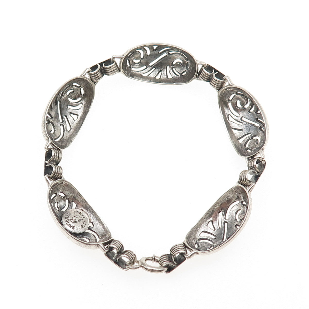 PETTELL'S 925 Sterling Silver Vintage Floral Dome Link Bracelet 7.25"