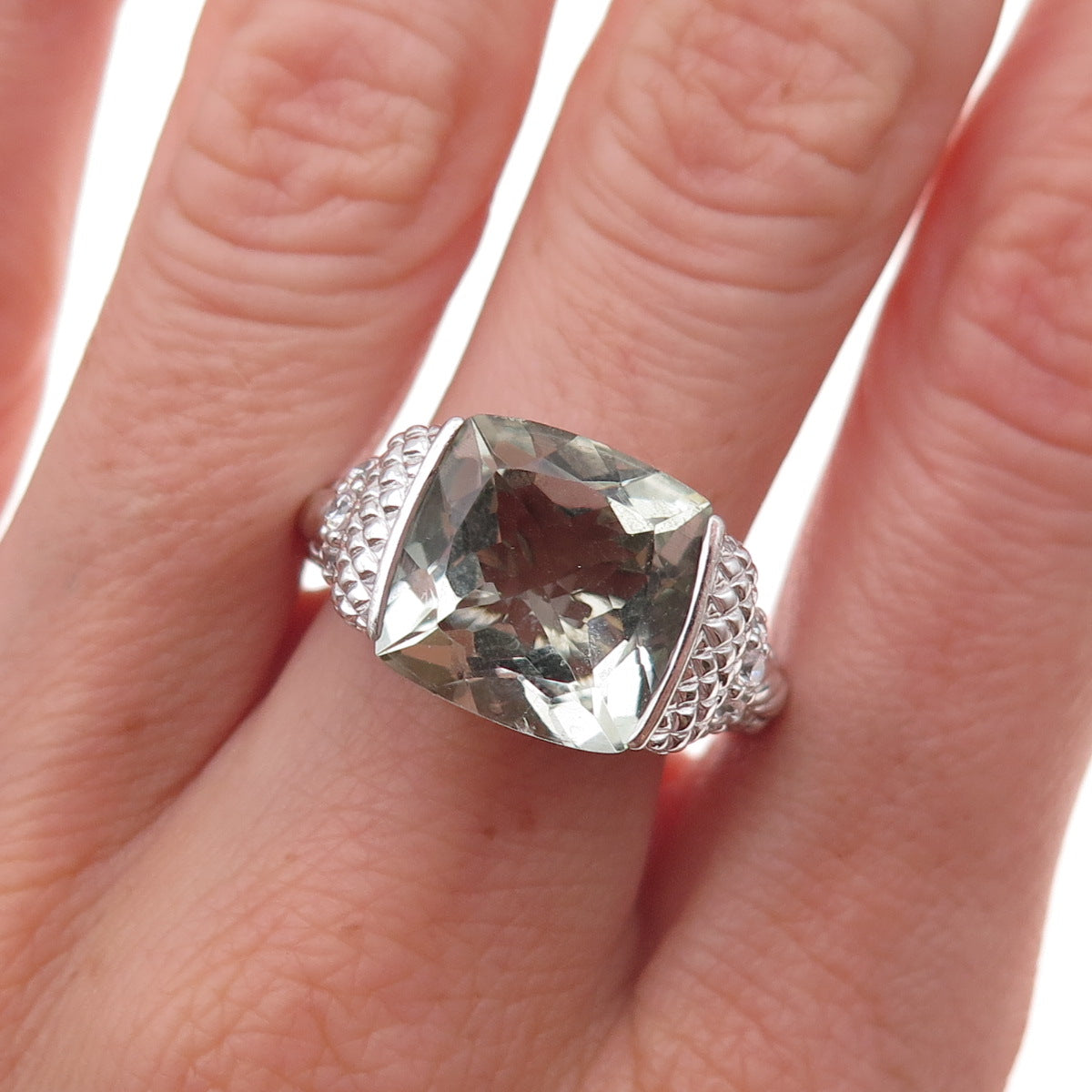 Judith Ripka 925 Sterling Silver Real Green Amethyst & C Z Ring Size 9.25