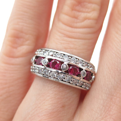 925 Sterling Silver Round-Cut Lab-Created Ruby & C Z Ring Size 5.25