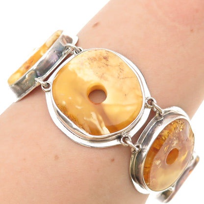 925 Sterling Silver Vintage Real Butterscotch Amber Modernist Bracelet 7"