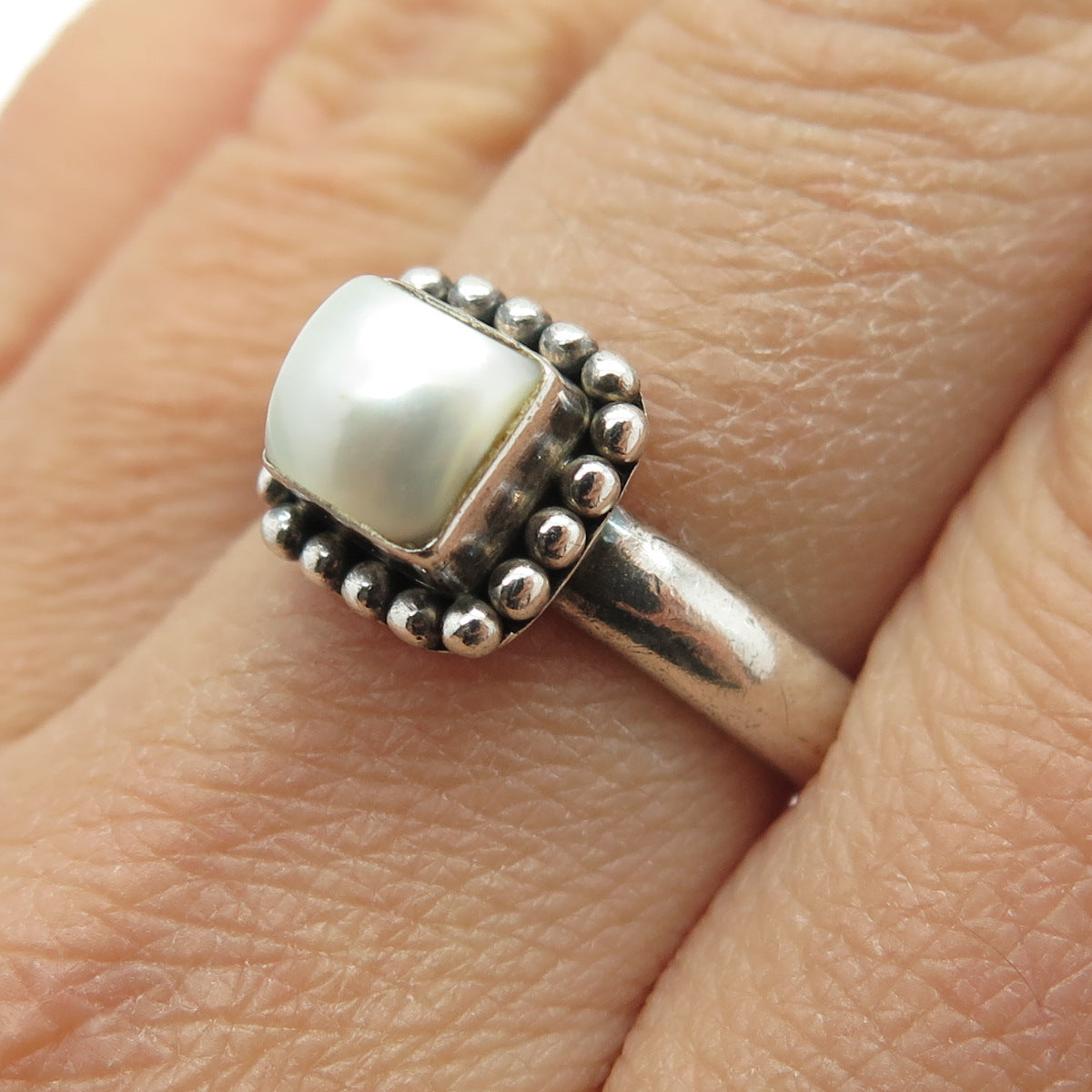 SILPADA 925 Sterling Silver Vintage Real Pearl Beaded Oxidized Ring Size 8